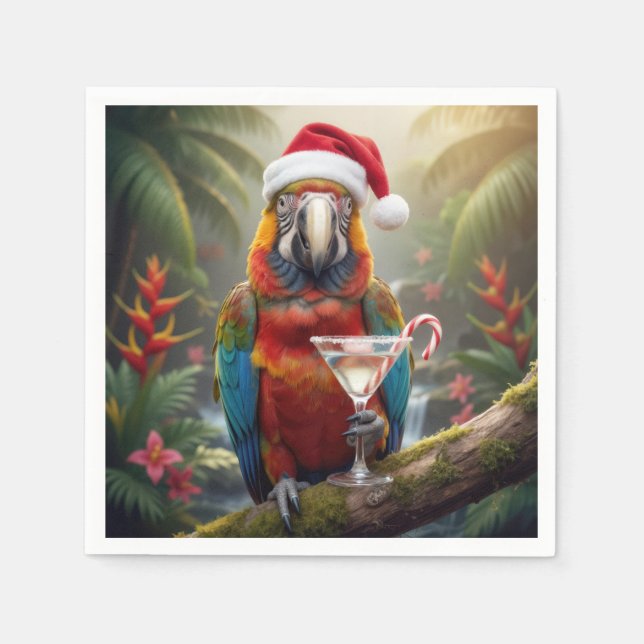 Christmas Macaw Parrot With Martini Cocktail Napkin (Front)
