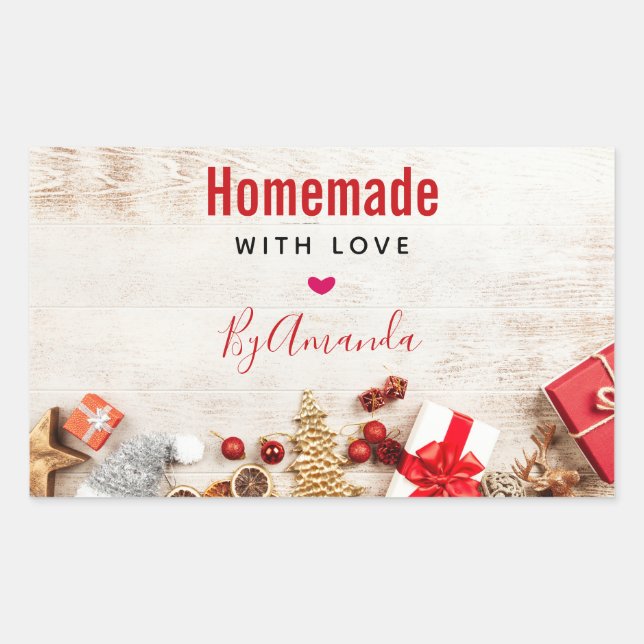 Christmas Made with Love  Rustic Wooden Board Rectangular Sticker (Front)