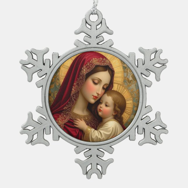 Christmas Madonna and Child Snowflake Pewter Christmas Ornament (Front)