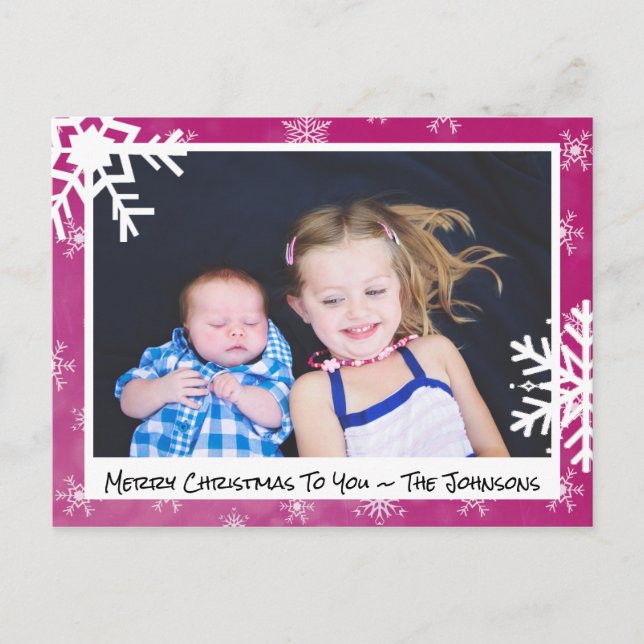 Christmas Magenta Snowflakes Family Photo Card (Front)