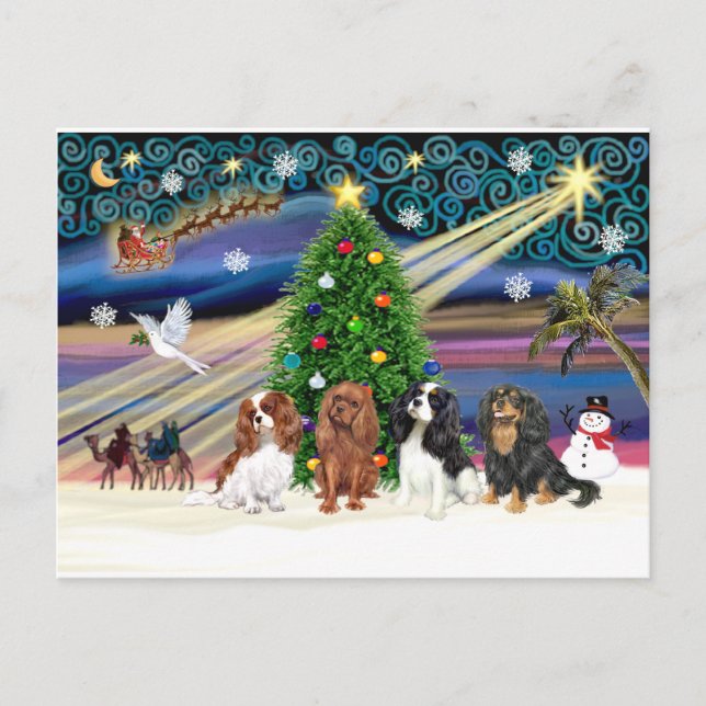 Christmas Magic /  Cavalier King Charles (four) Holiday Postcard (Front)