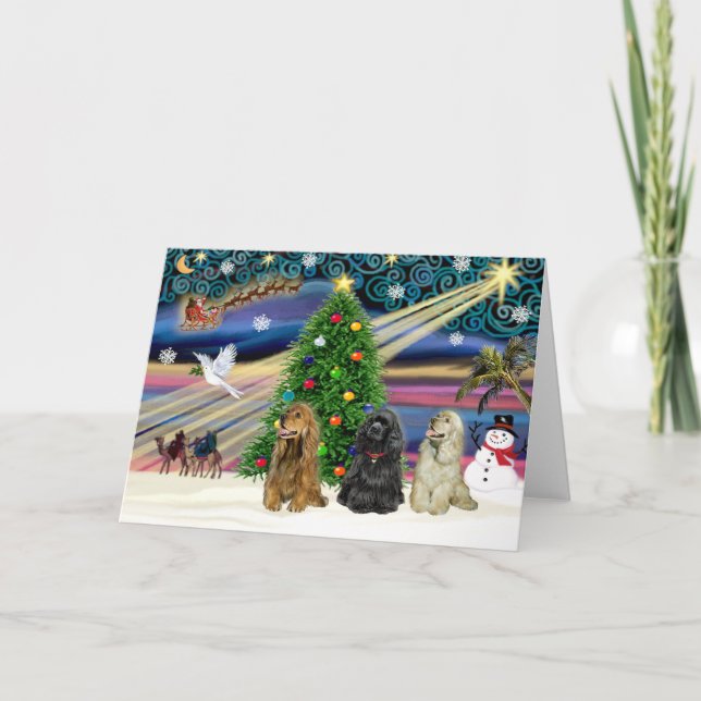Christmas Magic Cocker Spaniels (three) Holiday Card (Front)