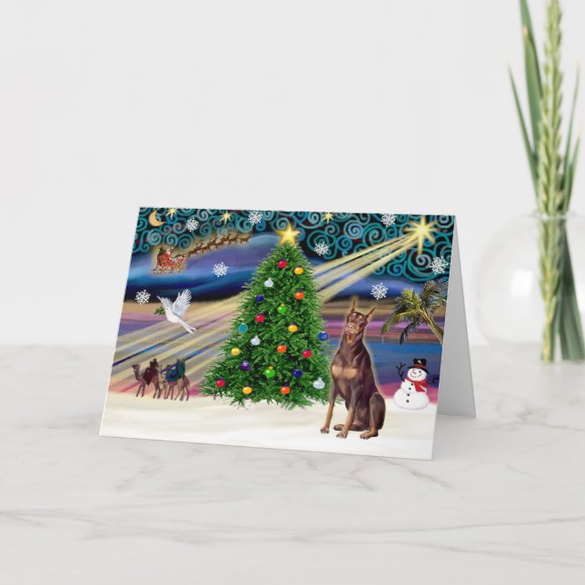Christmas Magic Doberman Pinscher (red) Holiday Card (Front)