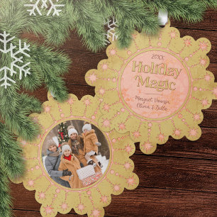 Christmas Magic: Gold and Pink Star Design Photo Tree Decoration Card