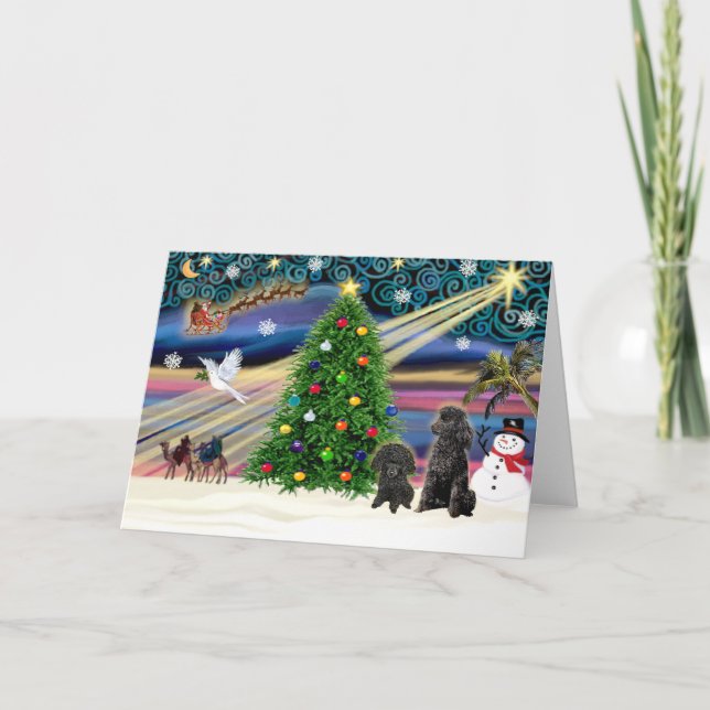 Christmas Magic Poodles (two black Toy) Holiday Card (Front)