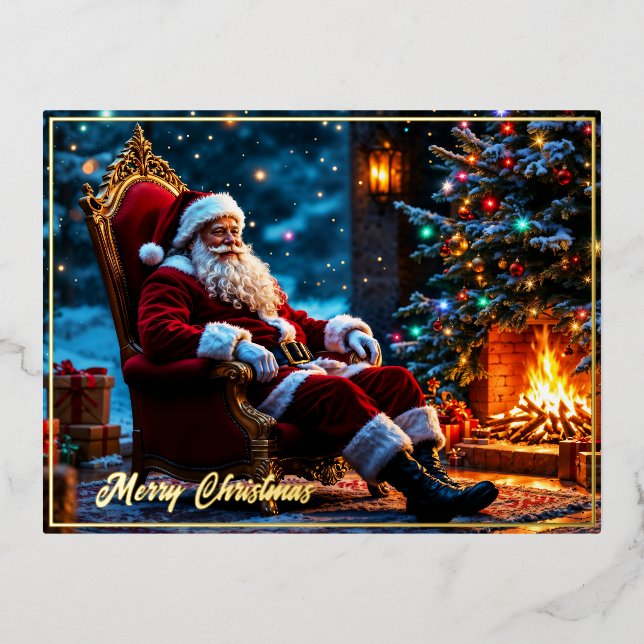 Christmas magic Santa Claus cosy fireplace  Foil Holiday Postcard (Front)