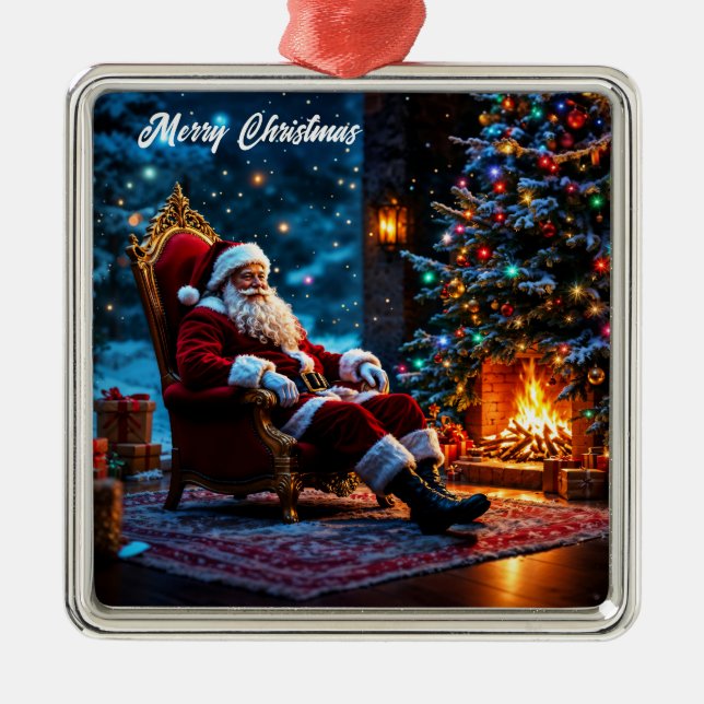 Christmas magic Santa Claus cosy fireplace  Metal Tree Decoration (Front)