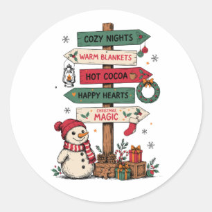 Christmas Magic Signpost Snowman Cosy Nights Xmas Classic Round Sticker