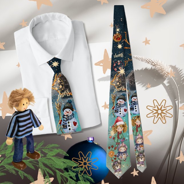 Christmas Magic Snowman & Friends blue  Tie (Christmas Magic blue All-Over-Print Neck Tie)