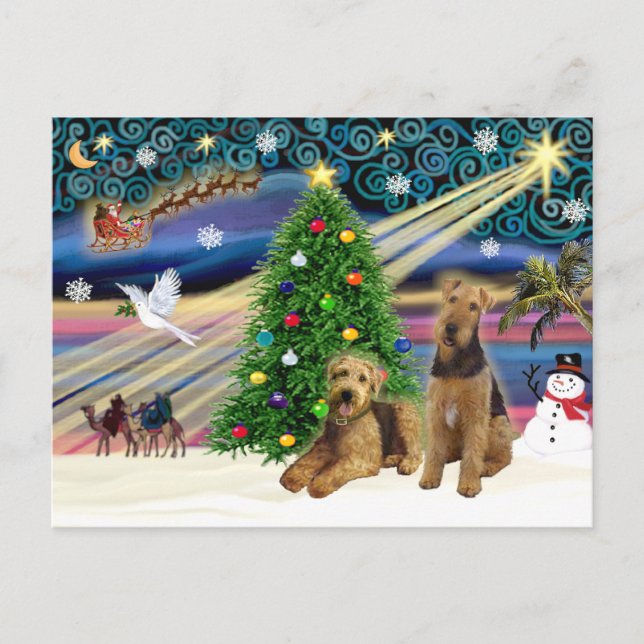 Christmas Magic - Two Airedales Holiday Postcard (Front)