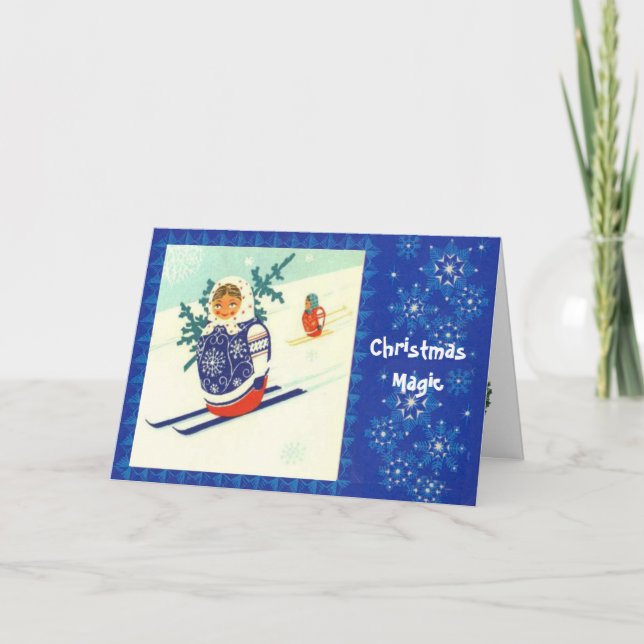Christmas magic, Vintage Matryosha on skis Holiday Card (Front)