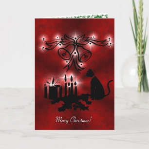 Christmas Magic with Black Cat on Red Rainbow Holiday Card