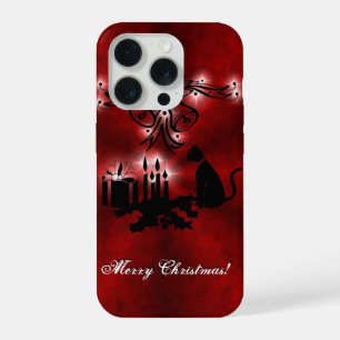 Christmas Magic with Black Cat on Red Rainbow iPhone 15 Pro Case