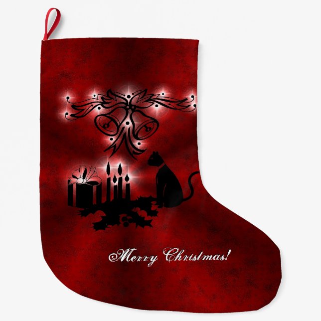 Christmas Magic with Black Cat on Red Rainbow Large Christmas Stocking (Front)