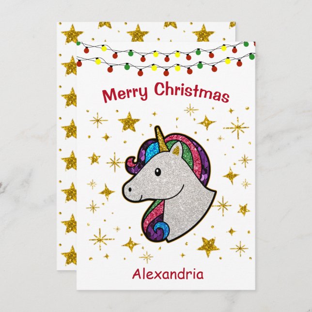 Christmas Magical Unicorn Glitter Holiday Card (Front/Back)