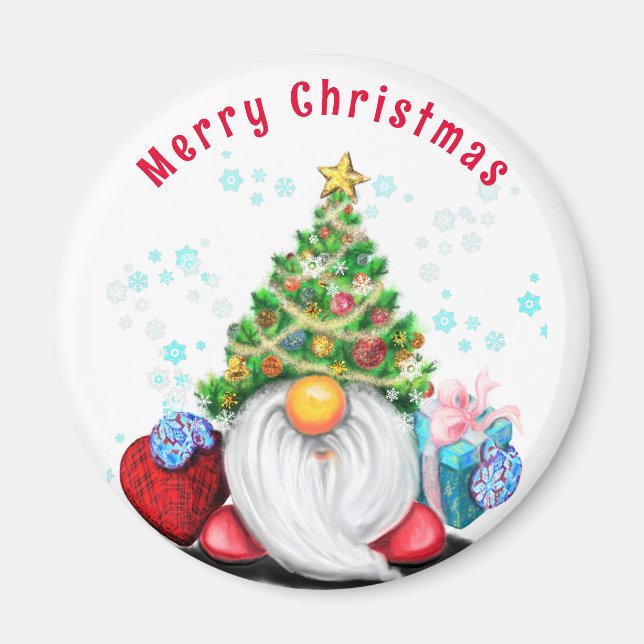 Christmas Magnet Happy Gnome with Gifts (Front)