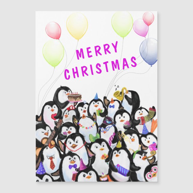 Christmas Magnetic Card Penguins Party Celebration (Front)