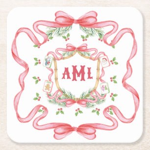 Christmas Mahjong   Monogram Square Paper Coaster