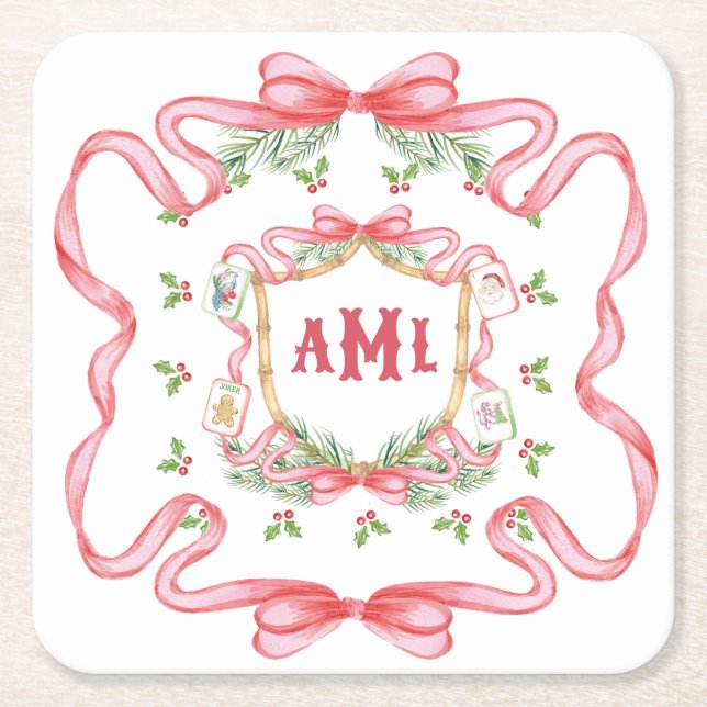 Christmas Mahjong | Monogram Square Paper Coaster (Front)