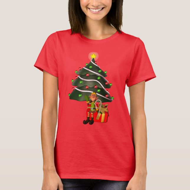Christmas Male Elf Tree Present Cute  T-Shirt (Front)