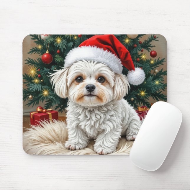 Christmas Maltese Dog On a Fur Pillow Mouse Pad (With Mouse)