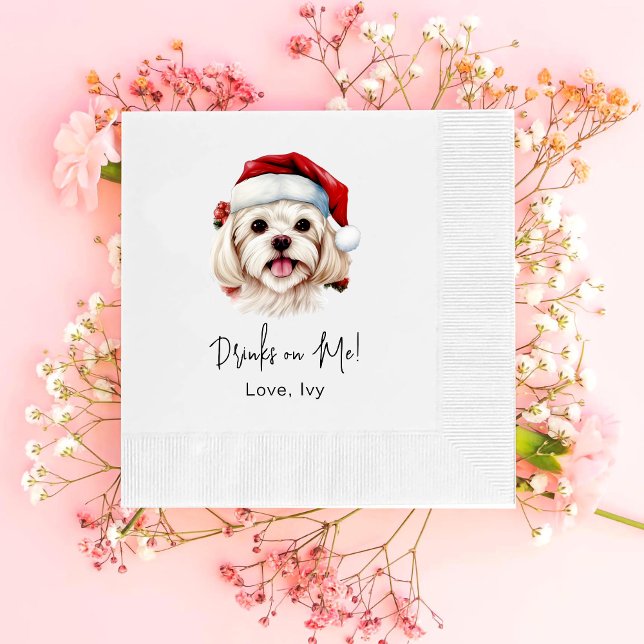 Christmas Maltese Dog Personalised Drinks On Me Napkin (Creator Uploaded)