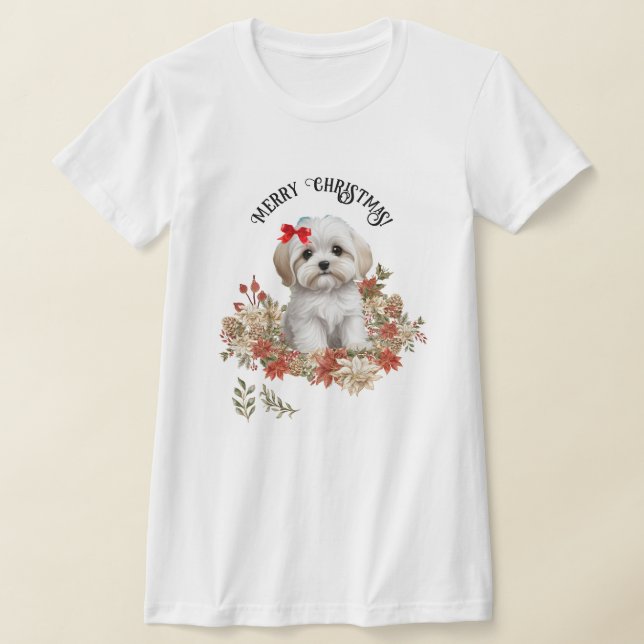 Christmas Maltese Puppy Dog Sintting with Flowers T-Shirt (Laydown)
