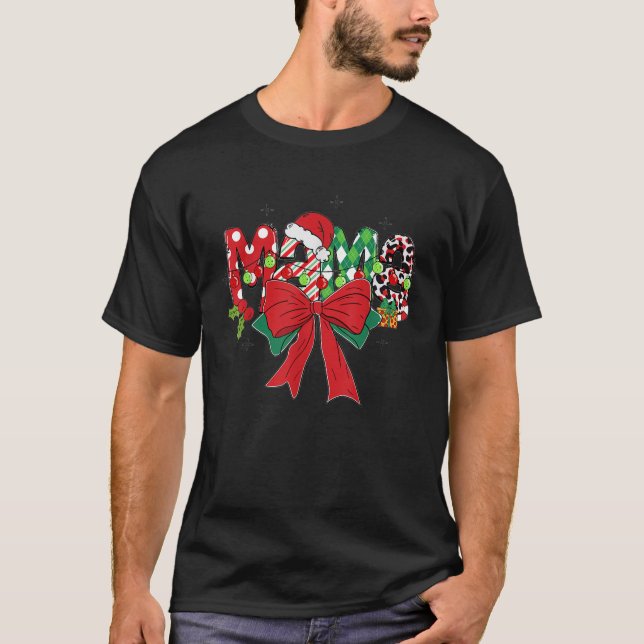 Christmas Mama Coquette Bow Candy Cane Santa Hot C T-Shirt (Front)