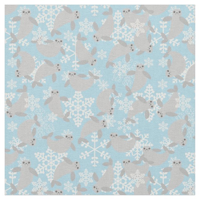 christmas manatee winter blue snowflakes  fabric (Close Up)
