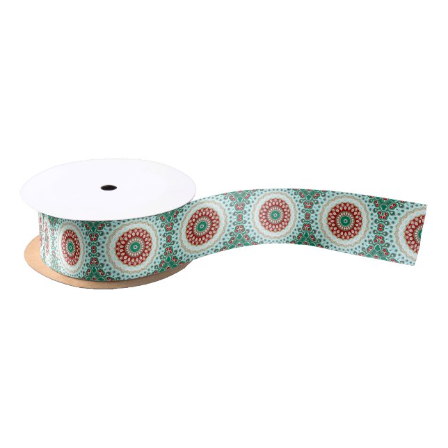 Christmas Mandala in Red, Green, and Frosted Blue Satin Ribbon (Spool)