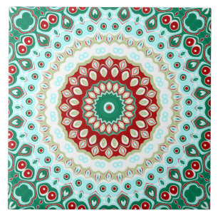 Christmas Mandala in Red, Green, and Frosted Blue Tile