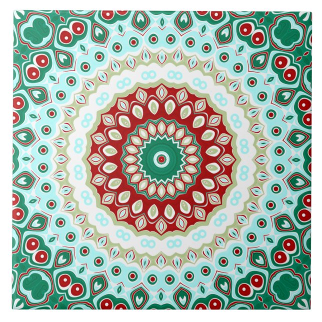 Christmas Mandala in Red, Green, and Frosted Blue Tile (Front)