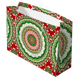 Christmas Mandala in Red, Green, and Warm Gold Large Gift Bag