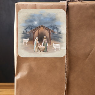 Christmas Manger Nativity Scene Watercolor Square Sticker