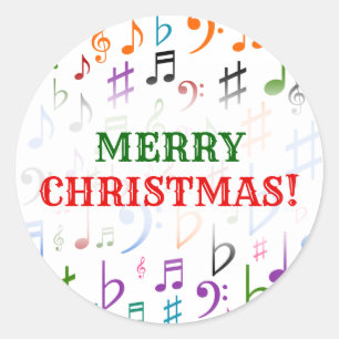 Christmas; Many Colourful Music Notes and Symbols Classic Round Sticker