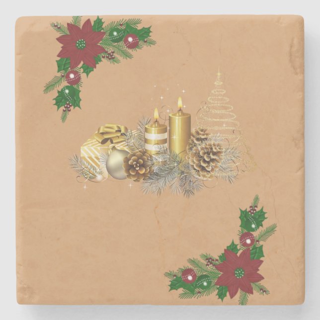 Christmas Marble Stone Coaster, Christmas Candle Coaster (Front)