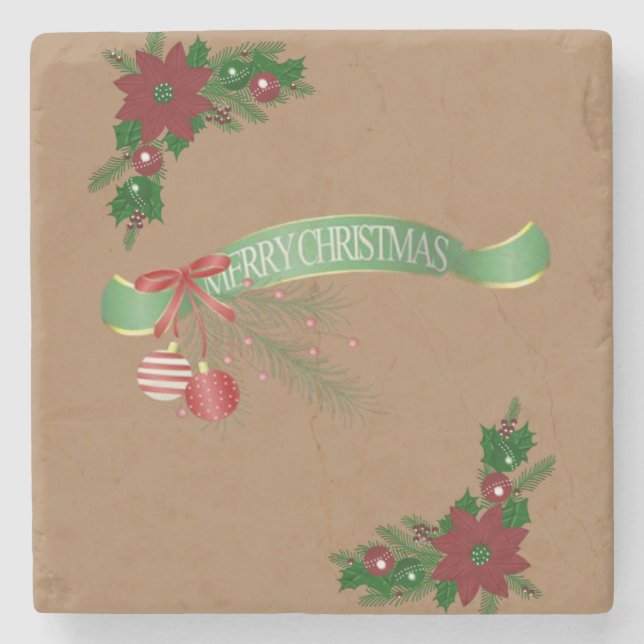 Christmas Marble Stone Coaster, Merry Christmas Coaster (Front)