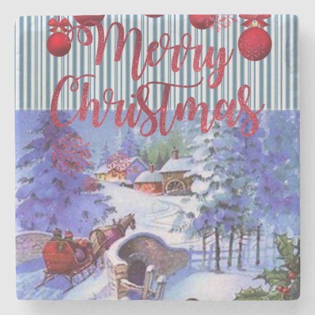 Christmas Marble Stone Coaster, Merry Christmas Coaster (Front)