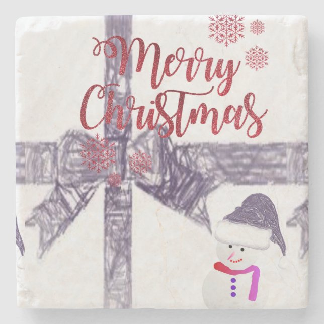 Christmas Marble Stone Coaster, Snowman Coaster (Front)