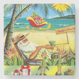 Christmas Marble Stone Coaster, Summer Beach Santa Coaster