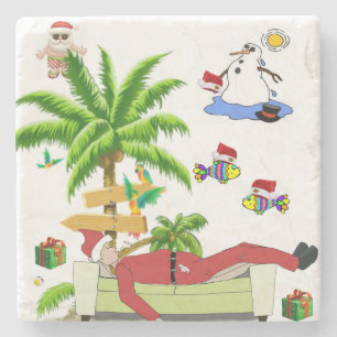 Christmas Marble Stone Coaster, Summer Beach Santa Coaster