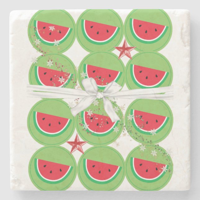 Christmas Marble Stone Coaster, Watermelon Bow Coaster (Front)