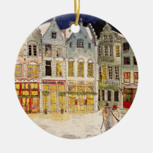 Christmas Market Belgium Retro-inspired Watercolor Ceramic Tree Decoration