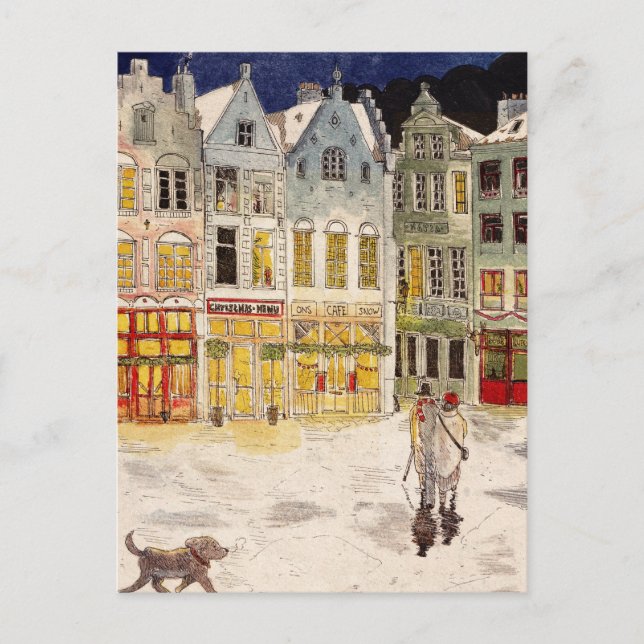 Christmas Market Belgium Retro-inspired Watercolor Postcard (Front)