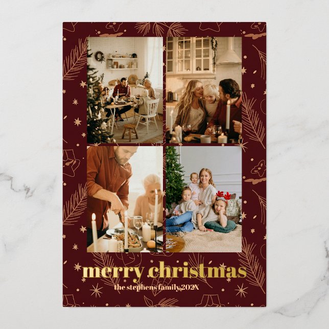 Christmas Maroon Foil Pine and Star Print (Front)