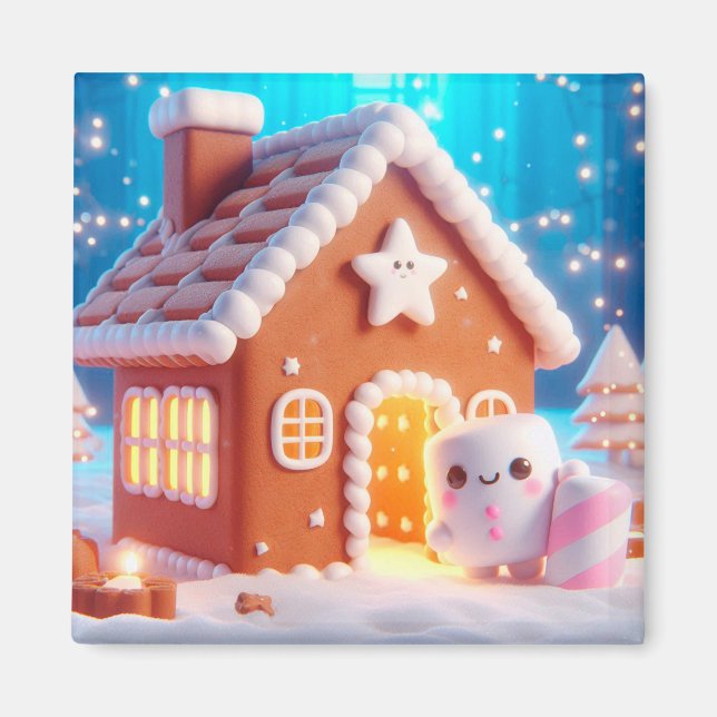 Christmas Marshmallow Gingerbread House Magnet (Front)
