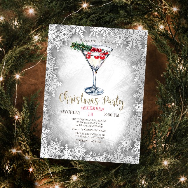 Christmas Martini Snowflakes Grey Christmas Invitation (Creator Uploaded)