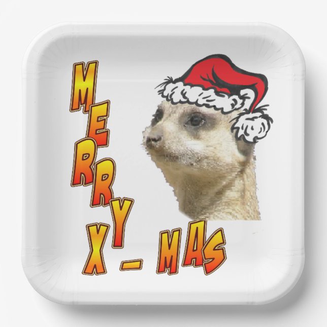Christmas Meerkat Merry Xmas Square Paper Plate (Front)