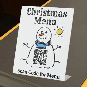 Christmas Menu Snowman with QR Code Pedestal Sign