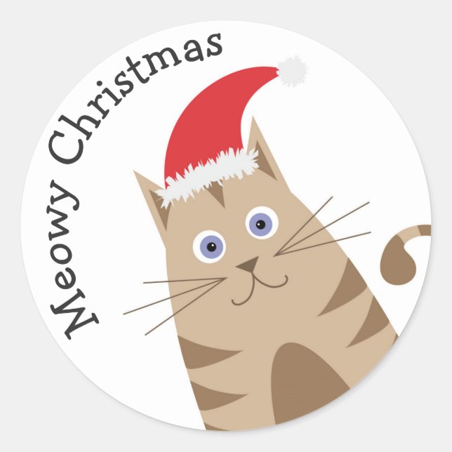 Christmas meow pet cat holidays santa hat classic round sticker (Front)